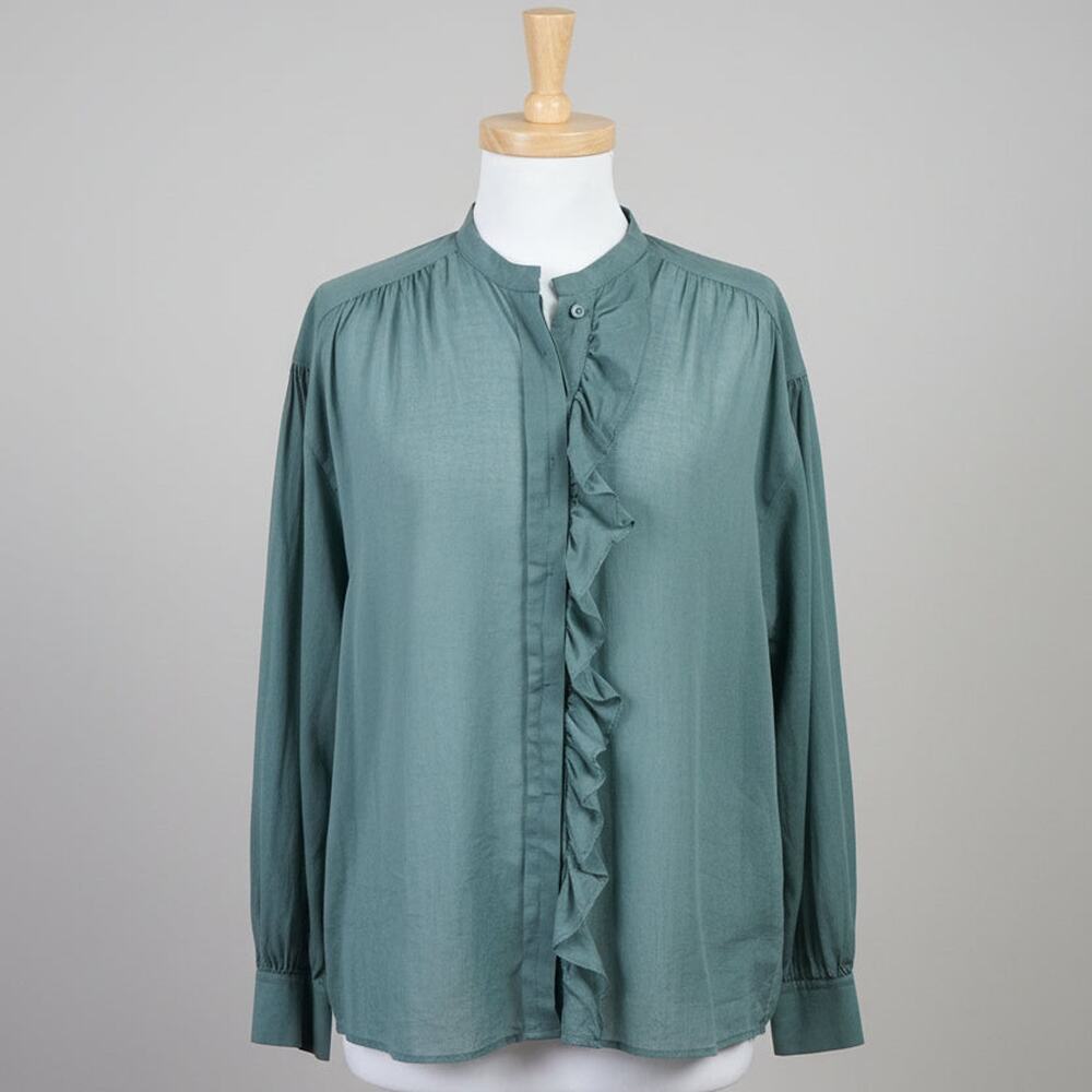 Luisa Cerani teal cotton blouse with ruffle, size 4, NEW WITH TAGS!